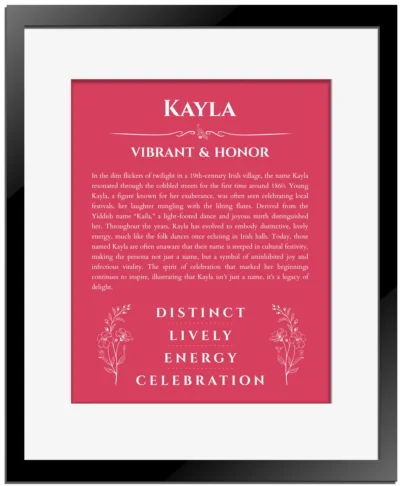 Kayla personalized wall art with the story of your name in red with black matte frame