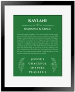 Kaylani name meaning wall art by Get Your Story in dark green with black matte frame