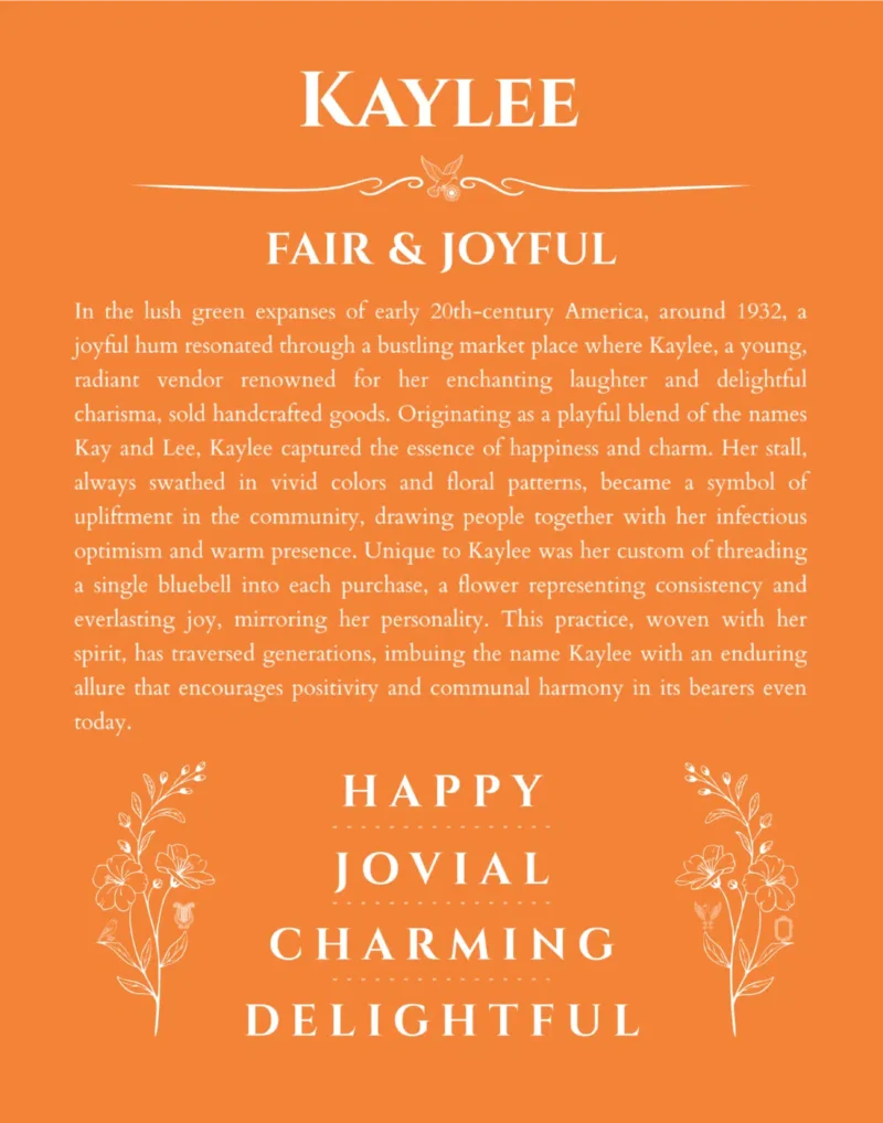 Kaylee personalized name art with origin story in orange