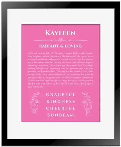 Kayleen custom name print for wall display in pink with black matte frame