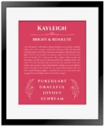Kayleigh personalized wall art with the story of your name in red with black matte frame