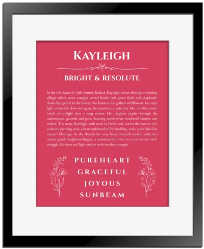 Kayleigh personalized wall art with the story of your name in red with black matte frame