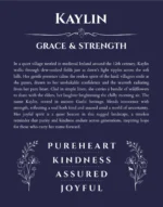 Kaylin personalized name art with origin story in navy blue