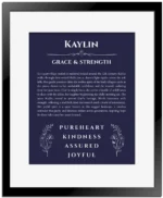 Kaylin personalized name art with origin story in navy blue with black matte frame