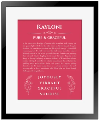 Kayloni custom name art showing meaning and origin in red with black matte frame
