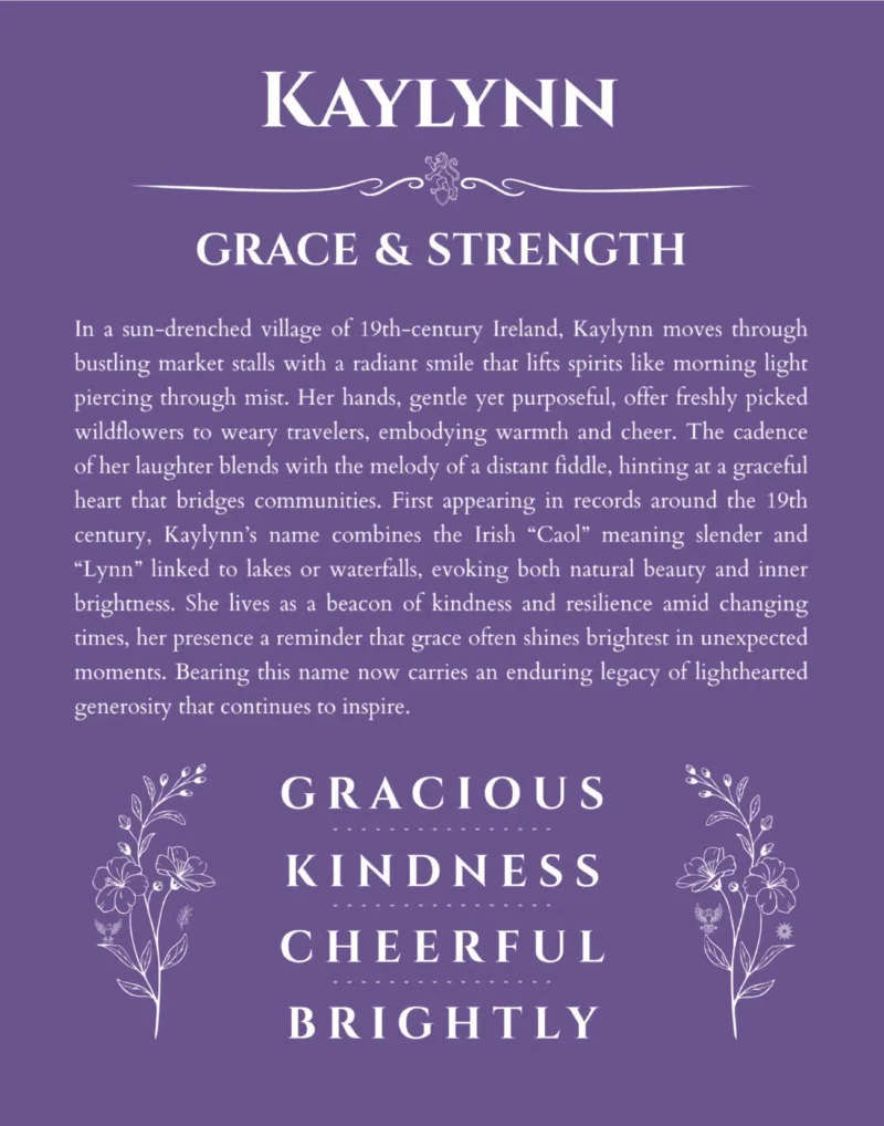 Kaylynn personalized name art with origin story in purple