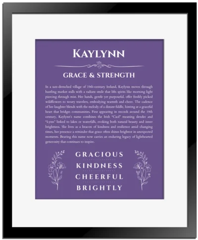 Kaylynn personalized name art with origin story in purple with black matte frame
