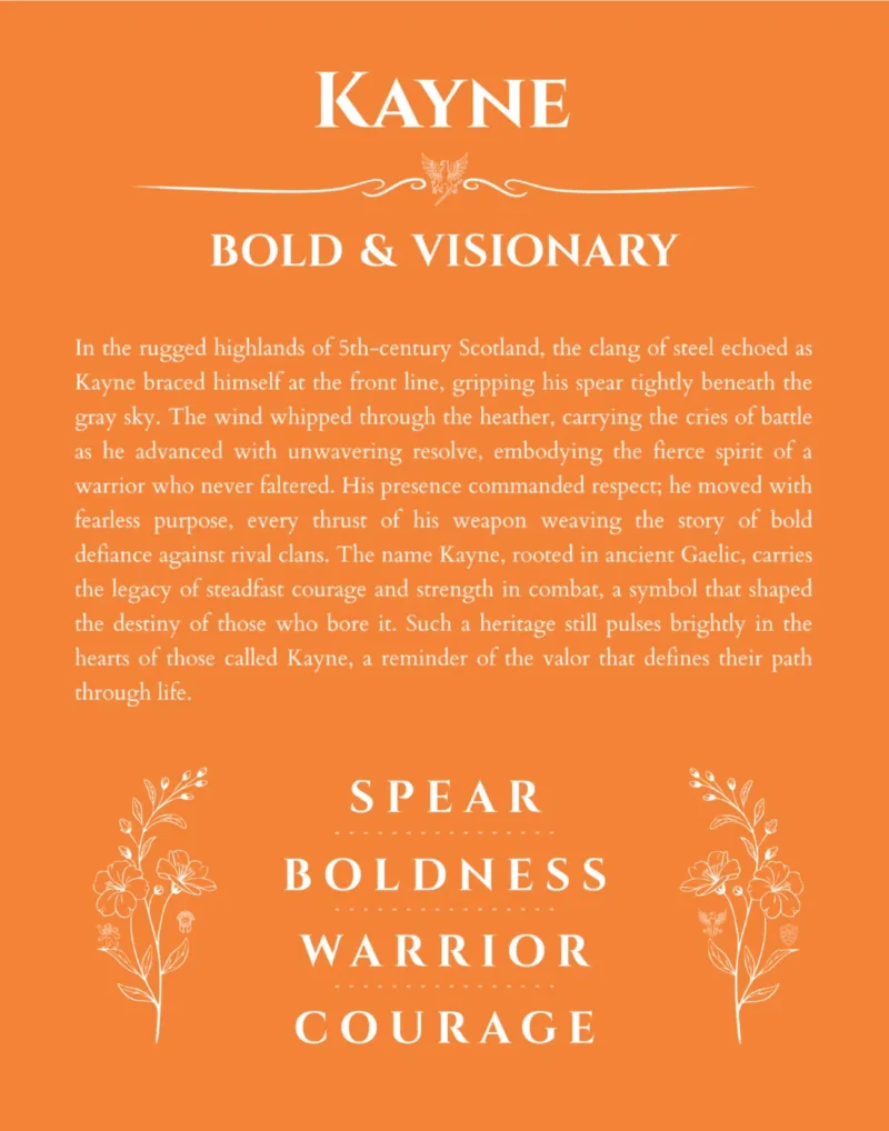 Kayne personalized name print with origin and traits in orange