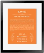 Kayne personalized name print with origin and traits in orange with black matte frame
