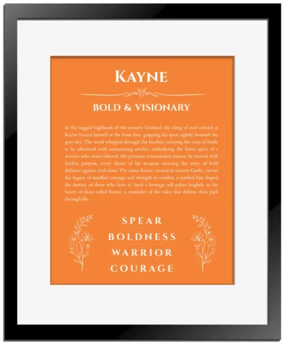 Kayne personalized name print with origin and traits in orange with black matte frame