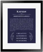 Kaysen personalized wall art with the story of your name in navy blue with black matte frame