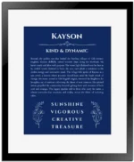 Kayson custom name meaning print in deep blue with black matte frame