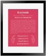 Kazimir name origin print with meaning and traits in red with black matte frame