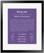 Keagan personalized wall art with the story of your name in purple with black matte frame