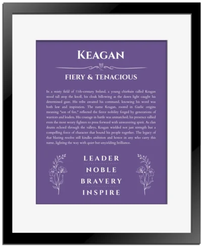 Keagan personalized wall art with the story of your name in purple with black matte frame