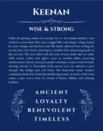 Keenan name origin print with meaning and traits in deep blue
