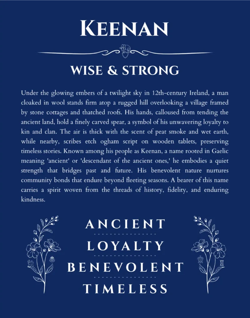 Keenan name origin print with meaning and traits in deep blue