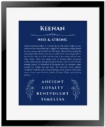 Keenan name origin print with meaning and traits in deep blue with black matte frame