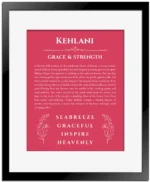 Kehlani name origin print with meaning and traits in red with black matte frame