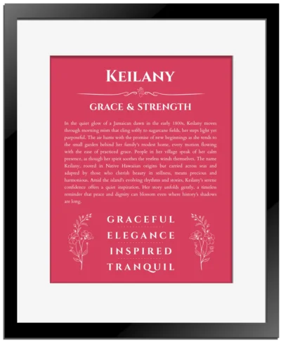 Keilany name meaning wall art by Get Your Story in red with black matte frame