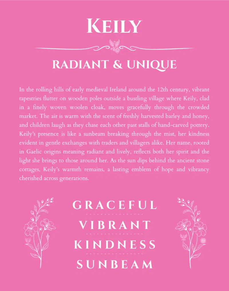 Keily personalized name print with origin and traits in pink