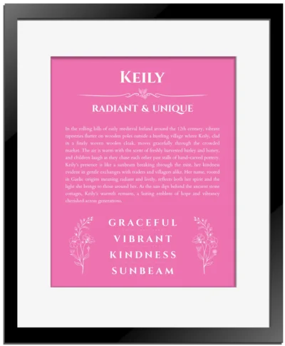 Keily personalized name print with origin and traits in pink with black matte frame