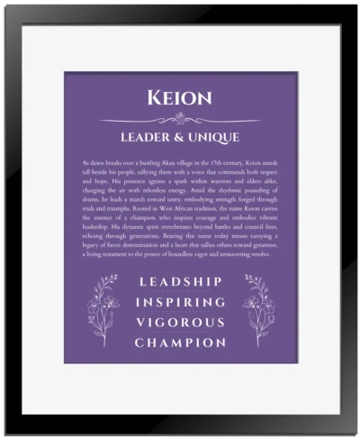 Keion name meaning gift print in purple with black matte frame