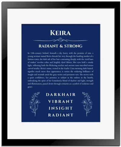 Keira name meaning wall art by Get Your Story in deep blue with black matte frame