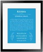 Keisha personalized name meaning print in blue with black matte frame
