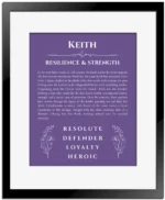 Keith personalized wall art with the story of your name in purple with black matte frame