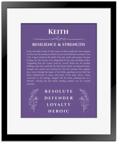 Keith personalized wall art with the story of your name in purple with black matte frame