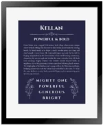 Kellan personalized name meaning print in navy blue with black matte frame