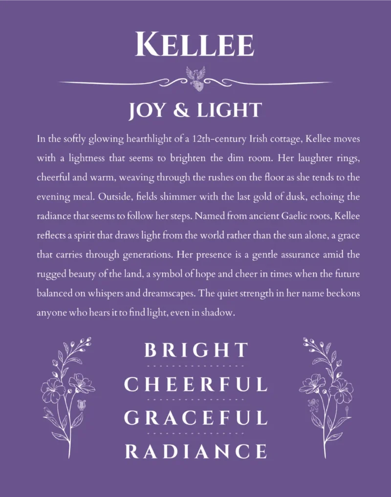 Kellee name origin print with meaning and traits in purple