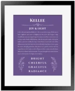 Kellee name origin print with meaning and traits in purple with black matte frame