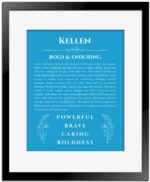 Kellen custom name art showing meaning and origin in blue with black matte frame