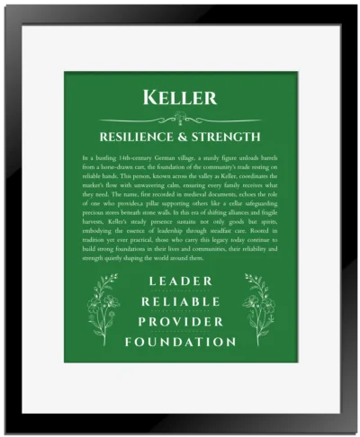 Keller name meaning wall art by Get Your Story in dark green with black matte frame
