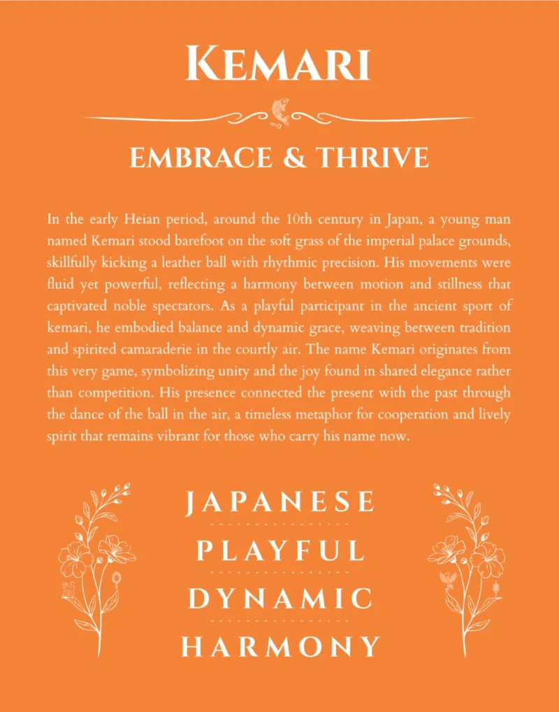 Kemari name origin print with meaning and traits in orange