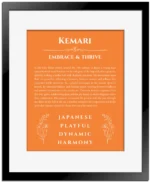 Kemari name origin print with meaning and traits in orange with black matte frame
