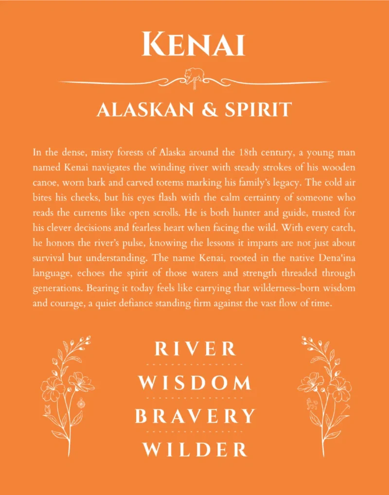 Kenai personalized wall art with the story of your name in orange