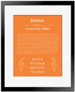 Kenai personalized wall art with the story of your name in orange with black matte frame