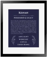 Kenan custom name print for wall display in navy blue with black matte frame