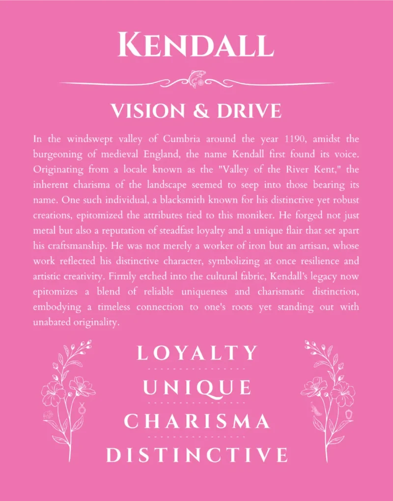 Kendall name origin print with meaning and traits in pink
