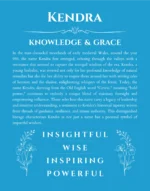 Kendra custom name art showing meaning and origin in blue