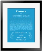 Kendra custom name art showing meaning and origin in blue with black matte frame