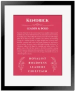 Kendrick personalized name art with origin story in red with black matte frame