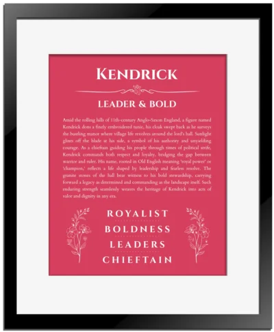 Kendrick personalized name art with origin story in red with black matte frame