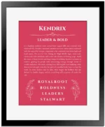 Kendrix name origin print with meaning and traits in red with black matte frame