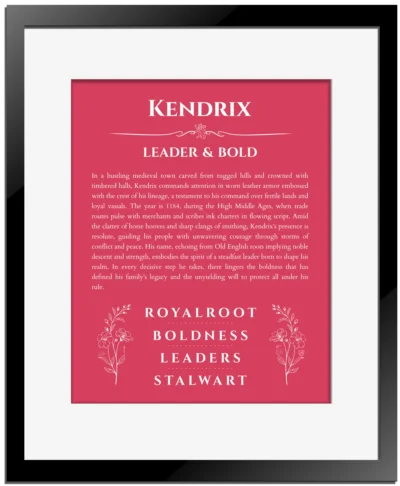 Kendrix name origin print with meaning and traits in red with black matte frame
