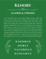 Kendry name origin print with meaning and traits in dark green