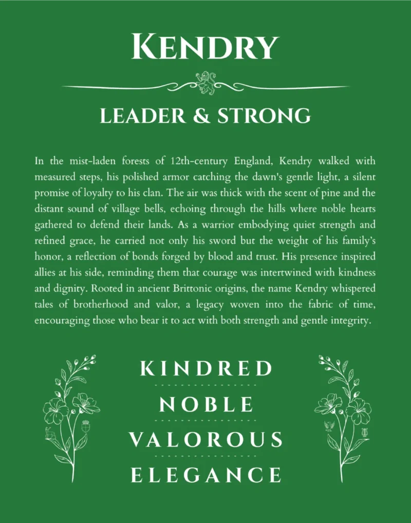 Kendry name origin print with meaning and traits in dark green